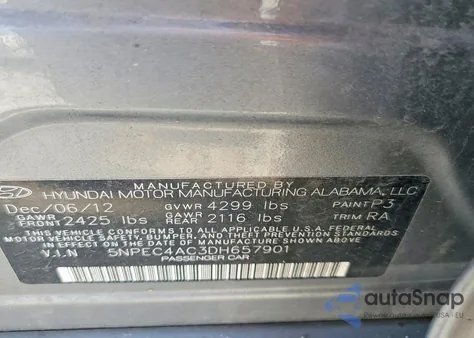 2013 Hyundai Sonata Se z USA, uszkodzony, nr VIN 5NPEC4AC3DH657901